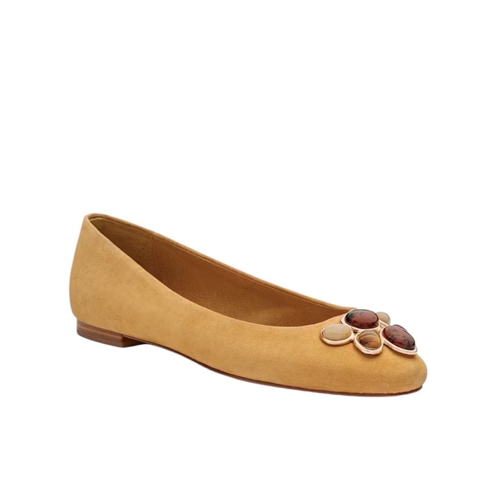Birdies Suede Ballet Flat with Jeweled Floral Accent in Mustard